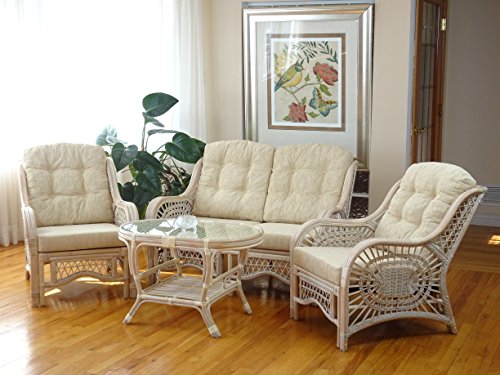 Malibu Lounge Loveseat Sofa Natural Rattan Wicker Handmade Design with Cream Cushions, White Wash