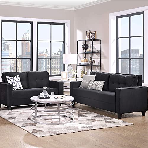 RINIMEI 2 Piece Living Room Furniture Set Include Upholstered Three Seater Sofá & Loveseat, Sectional Sofa Stylish Velvet Tufted Cushion Couch Easy Assemble W/Side Pockets,Black
