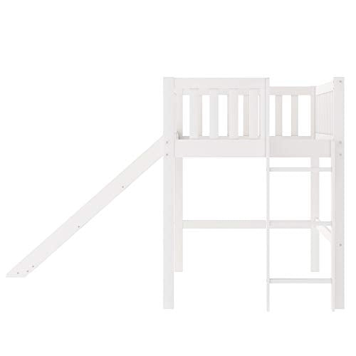 Loft Bed Twin with Ladder , Twin loft Bed with Slide ,Wood Low Profile Kids loft Bed , No Box Spring Needed,White