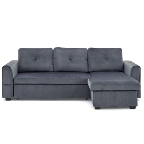 MELLCOM Sectional Sleeper Sofa, Flannel Pull Out Bed with Removable Chaise Longue, 3-Seater Sofa Bed with Storage Ottoman for Living Room Small Space Apartment, Gray