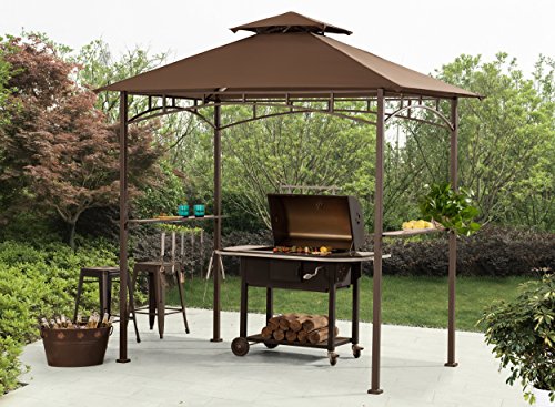Sunjoy L-GG001PST-F 8' X 5' Soft Top Brown Double Tiered Canopy Grill Gazebo With 4Pcs Led Gazebo Grill,