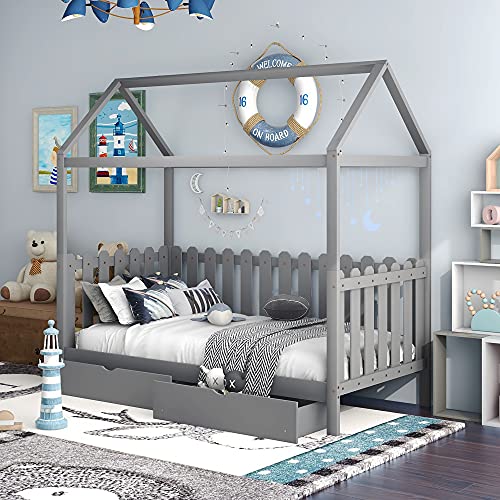 Twin Size Daybed, Wood House Bed Frame with Roof and Two Storage Drawers, Twin Wood Day Bed with Fence-Shaped Guardrail for Kids Teens Girls Boys, No Box Spring Needed, Easy Assembly, Grey