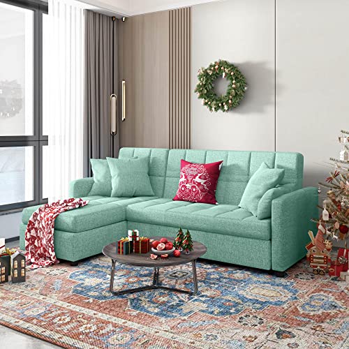 POVISON Sectional Sleeper Sofa, 82'' Sectional Sofa with Storage, Pull Out Couch, L-Shaped Sofa Bed with Chaise for Living Room, Green