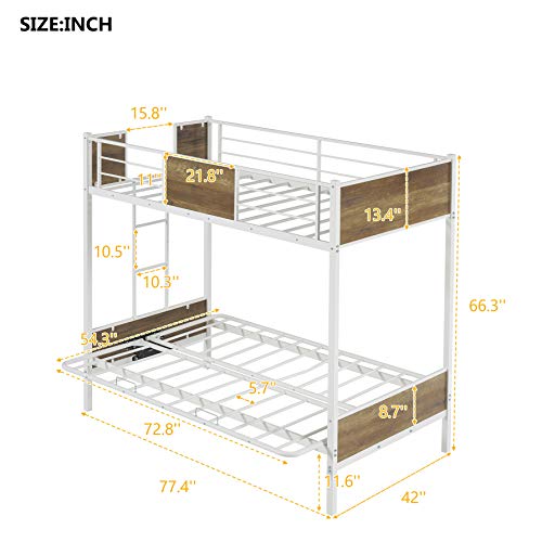 Bunk Bed with Futon ,Twin Over Futon Bunk Bed Easy Conversion to Twin Over Full Bunk Beds, Metal Futon Bunk Bed with Guardrails and Ladder, White