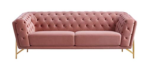 Limari Home Bianka Collection Modern Style Velvet Fabric Upholstered Diamond Tufted Sofa with Contrast Exposed Stitching and Hairpin Gold Legs, Salmon