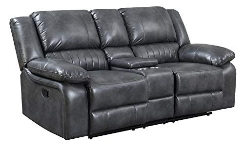 Madrona Burke Natalie Gray Console Loveseat with Dual Recliners, Faux Leather Upholstery, and Pillow Top Back