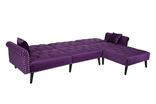 SFGJ Button Tufted Convertible Sofa Sleeper Bed L Shape Chaise Tufted Velvet Upholstered Solid Wood Leg with Reversible Chaise and 2 Pillows, 115”L Sofa Couch for Living Room and Small Space (Purple)