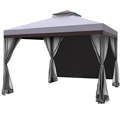 Hofzelt Ocala 10 x 10 Ft Gazebo Double Tier Patio Canopy Steel Frame with 4 Side Mosquito Netting and One Side Curtain (Dark Grey)