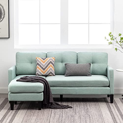 MELLCOM Small Sectional Couches, L-Shaped Sofa with Movable Ottoman, Reversible Chaise Longue, Small Couches for Living Room, Green