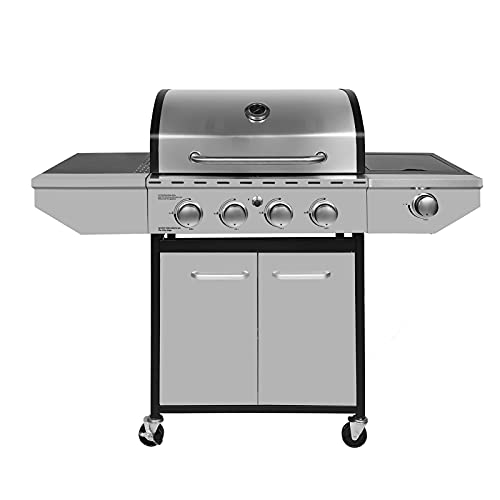 Honeydrill 4-Burner Propane Gas Grill with Side Burner, Stainless Steel, Cabinet for BBQ