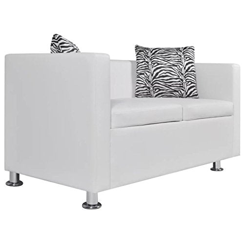 2-Seater Sofa | Modern 2-Seat Sofa Couch with Metal Legs | Faux Leather Living Room Sofa with 2 Pillows | White Artificial Leather 47.2