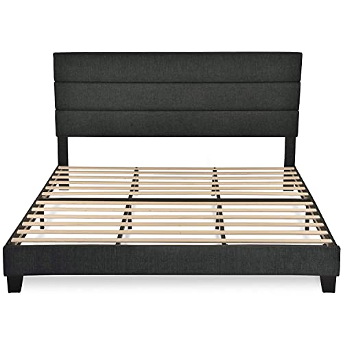 Allewie King Size Fabric Upholstered Platform Bed Frame with Headboard and Wooden Slats, Fully Upholstered Mattress Foundation, No Box Spring Needed, Easy Assembly, Dark Grey