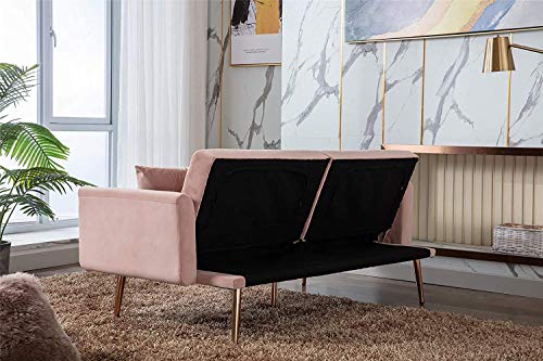 Mid Century Modern Velvet Fabric Couch Convertible Futon Sofa Bed Recliner Couch Accent Sofa Loveseat Sofa with Gold Metal Feet (59 Pink)