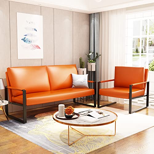 AWQM 2 Piece Armchair and Loveseat Set, Faux Leather Accent Chair Middle Age Couch Upholstered Sofa with Removable Cushions and Armrest Velcro for Mini Lounge Home&Office, Orange