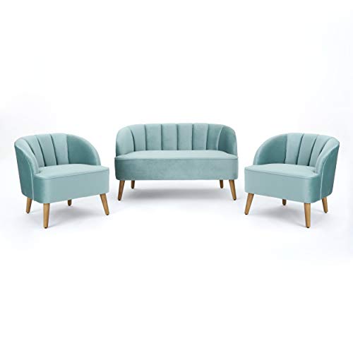 Christopher Knight Home Amaia Modern Velvet Chat Set, 3-Pcs Set, Seafoam Blue / Walnut