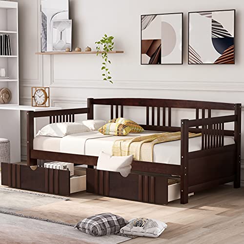 Twin Daybed Frame with Drawers, Wood Twin Bed with Storage Drawers, No Box Spring Needed