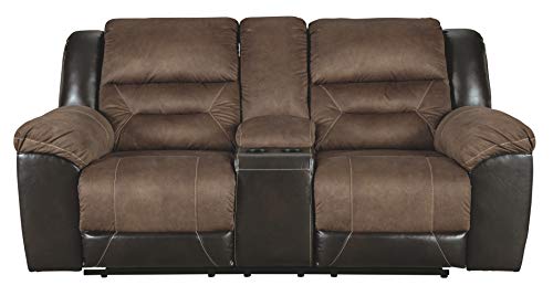 Signature DESIGN BY ASHLEY Earhart Faux Leather Manual Double Reclining Loveseat with Storage Console, Brown.