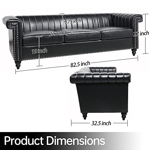 3 Seater Couch and Sofa, Faux Leather Couch Upgraded Version Sponge with Solid Wooden Legs, Comfortable Durable Easy to Assemble Sofa for Living Room or Bedroom(Black)