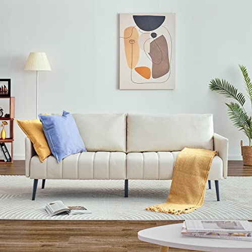 Vonanda 72 inch Sofa Couch for Living Room, Faux Leather 3 Seater Sofa with Fashion Striped Seat Cushion, Upholstered Sofa for Living Room Bedroom Furniture, Beige