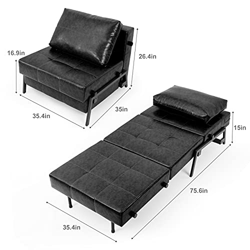 Vonanda Sofa Bed, Faux Leather Sleeper Chair, Convertible Chair Bed with Hidden Legs and Sturdy Frame, Easy Folding Sleeper Sofa for Compact Living Space, Black