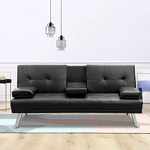 Convertible Futon Sofa Bed with Armrest Modern Faux Leather Sleeper Couch with 2 Cup Holders for Home Office Dorm, Folding Recliner Sofa Bed with Metal Legs for Living Room Bedroom Guest Room (Black)