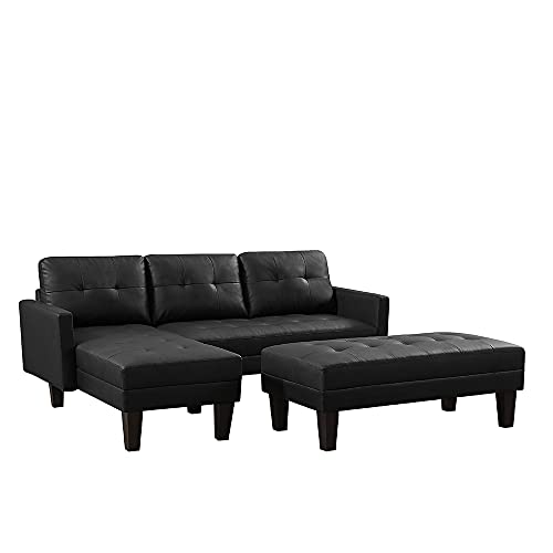 Sectional Sofa, Faux Leather Sectional Sofa Bed, L-Shape Sofa Chaise Lounge with Ottoman Bench Tufted Faux Leather 3-Seat L-Shape Sectional Sofa Couch Set w/Chaise Lounge, Black