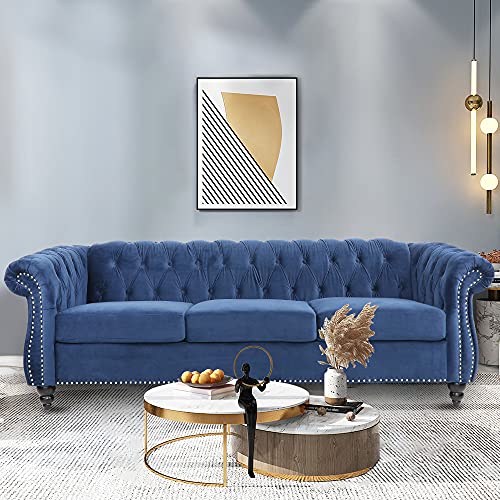 Large Sofa, Modern 3 Seater Couch Furniture, Three-seat Sofa Classic Tufted Chesterfield Settee Sofa Tufted Back for Living Room (Blue)
