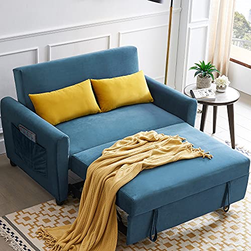 Merax Velvet Sofa Set Convertible Sleeper Sofa Bed Loveseat Couch with 2 Pillows Detachable Armrest for Living Room Small Spaces,(2 Big Side Pocket) Blue