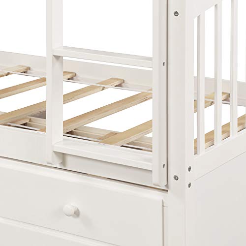 Twin Over Twin Bunk Bed with Trundle, Wooden Bunk Bed Frame with 3 Drawers for Kids, Teens, Adults (White)