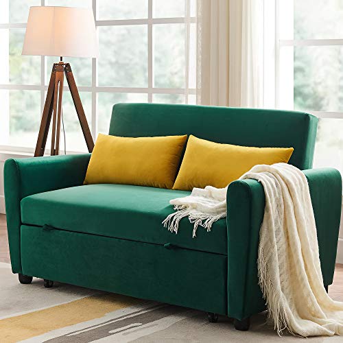 OCTM Adjustable Backrest Sofa for Living Room Small Spaces, Pull Out Sofa Sleeper, 2 Seater Functional Bed, Compact (Green)