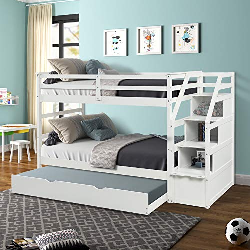 Twin Over Twin Bunk Bed with Trundle, Wooden Twin Over Bed Frame with Storage Drawers and Safety Rail Ladder, Teens Bedroom Bed, Guest Room Furniture (Snow White)
