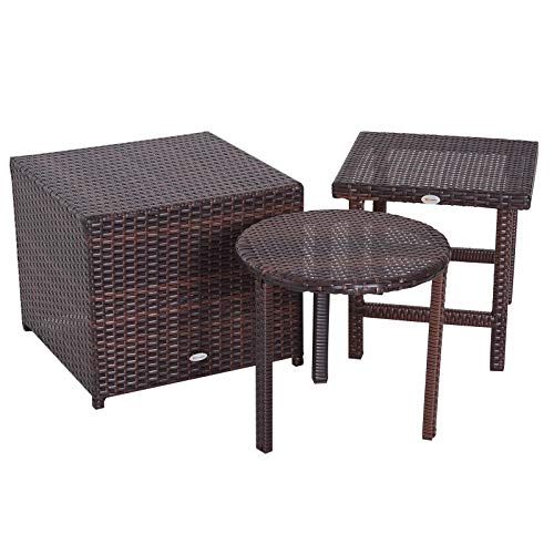 Outsunny 3 Piece Rattan Wicker Side Table Set with Square, Round Shape, Outdoor Garden Coffee Bistro Table, Brown
