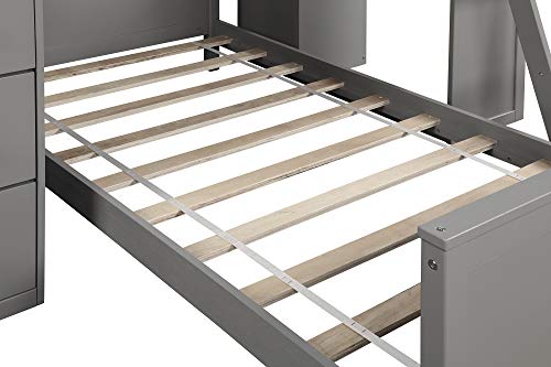 Twin Over Twin Loft Bed with Drawers and Shelves, Wood Bunk Bed with Ladder, Gray