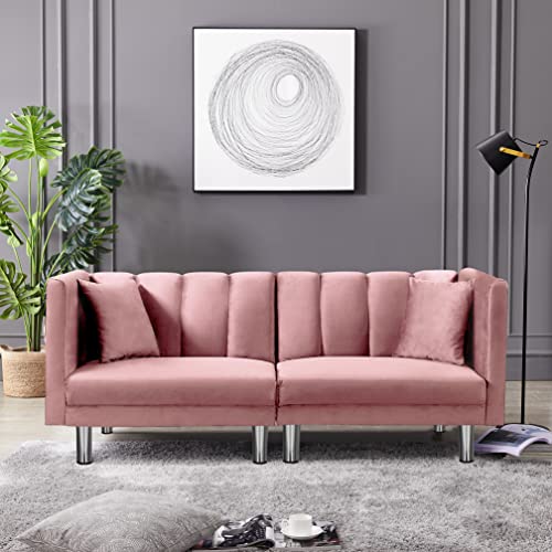 Melpomene Futon Sofa Bed Convertible Sleeper Sofa Couch wit Armrests Modern Velvet Sofa Bed for Living Room Office Folding Recliner Futon Couch with Metal Legs (Pink, Velvet + Metal Legs.)