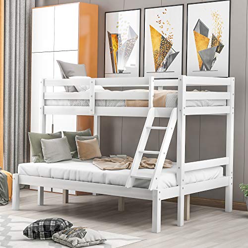 Twin Over Full Bunk Bed, Solid Hardwood Bunk Beds for Kids with Ladder and Safety Rail, Children Wooden Bunk Beds for Bedroom, Dorm, White