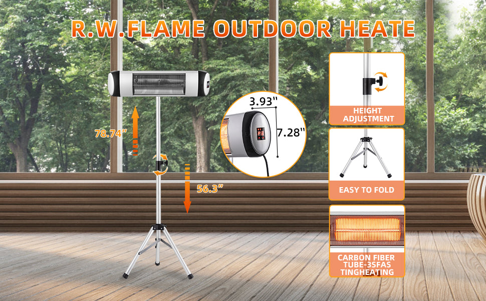 RW Flame 516B 500W-1500W Height Adjustable Waterproof IP65 Rated Infrared Electric Patio Heater With Remote New
