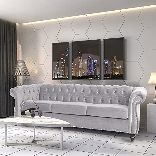 AVZEAR 3 seat Sofa, Velvet Sofa Living Room Sofa Large Sofa Modern Chesterfield Fabric Modern 3 Seater Couch Furniture Classic Tufted Chesterfield Settee Sofa, Grey
