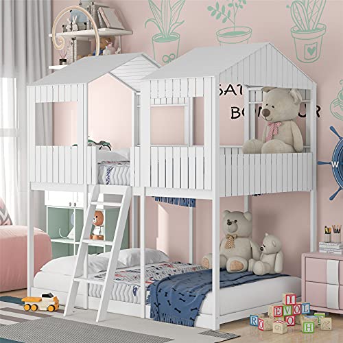House Bunk Beds, Full Over Full Bunk Bed Playhouse Bunkbed with Ladder Low Bed Frame for Kids Toddlers Girls/Boys, White