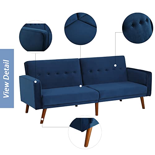 80“ Wide Navy Blue Velvet Couch Square Arm Sleeper Sofa Bed with Solid Wood Legs