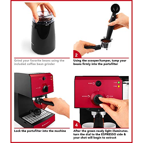 Espresso Machine & Cappuccino Maker with Milk Steamer- 15 Bar Pump, 7 Pc All-In-One Barista Bundle Set w/ Built-in Frother (Inc: Coffee Bean Grinder, Milk Frothing Cup, Tamper & 2 Cups), 1350W (Red)