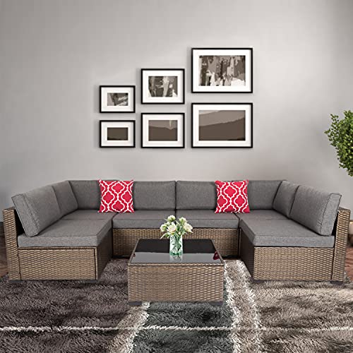 Kinsuite 7 Pieces Convertible Sectional Sofa Couch - Washable Cushions 2 Pillows for Living Room Furniture Sets PE Golden Brown Rattan Conversation Sofa Set with Glass Coffee Table(Dark Gray)