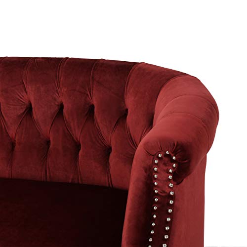 Melaina Tufted Chesterfield Velvet Loveseat with Scrolled Arms, Garnet and Dark Brown