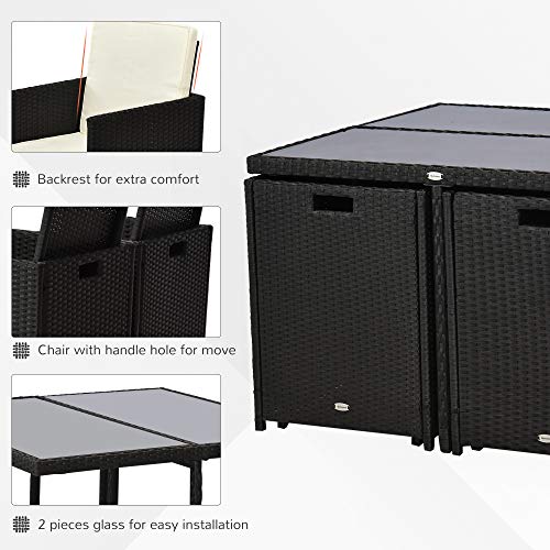 Outsunny 9 PCS Patio Dining Set Rattan Wicker Furniture Set w/Space Saving Chairs, Glass Top Table with Soft Cushion, Black