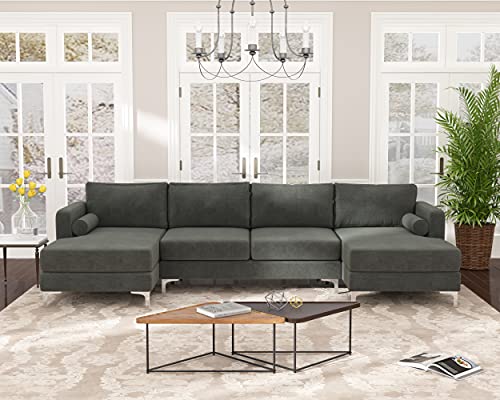 GAOFEIYANG Modern Upholstered Convertible Sectional Sofa Set with Two Pillows,U-Shape Sofá Velvet Couch with Double Extra Wide Chaise Lounge for Home Living Room Furniture, Black