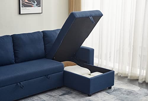 GURLLEU LG-1874-Blue Sleeper Sectional Sofa with Storage Pull Out Bed for Living Room, Full XL, Blue