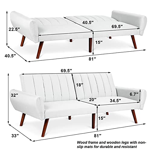 Grey Convertible Futon Sofa Bed Premium Couch Mattress Upholstered Seat Split Backrest Recliner Lounger Splitback Sleeper 5 Reclining Angles Home Living Room Bedroom Apartment Studio Modern Furniture