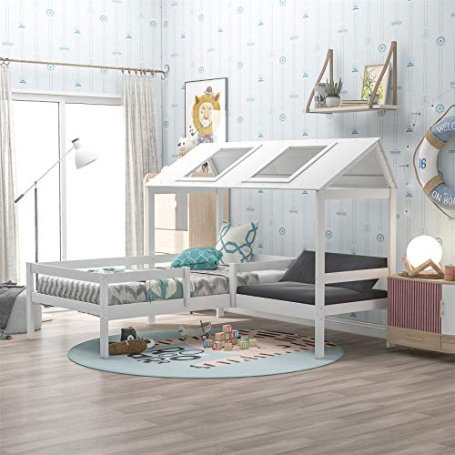 Harper & Bright Designs Twin Bed Frame with Relax Seat, Solid Wood House Bed for Kids Included Free Cushions, Toddler Bed Frame Can DecorateTent, No Box Spring Needed,White