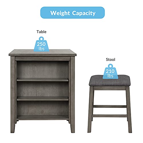 Harper & Bright Designs Dining Table Set 3 Piece, Rustic Wooden Counter Height with 2 Stools, Compact Bar Pub Table Set with 3-Tier Storage Shelf, Perfect for Small Kitchen Dining Room,Gray
