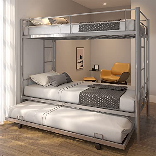 Harper & Bright Designs Bunk Bed Twin Over Twin with Trundle Bed, Metal Twin Bunk Bed for Kids ,Teens ,Twin Over Twin Bunk Bed Space-Saving Design(Silver,Twin)