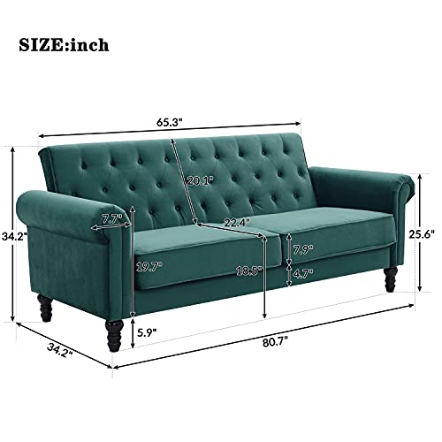 Classic Velvet Sofa Couch, Upholstered Loveseat Tufted Sofa with Scroll Arms for Living Room, Bedroom, Apartment (Green)